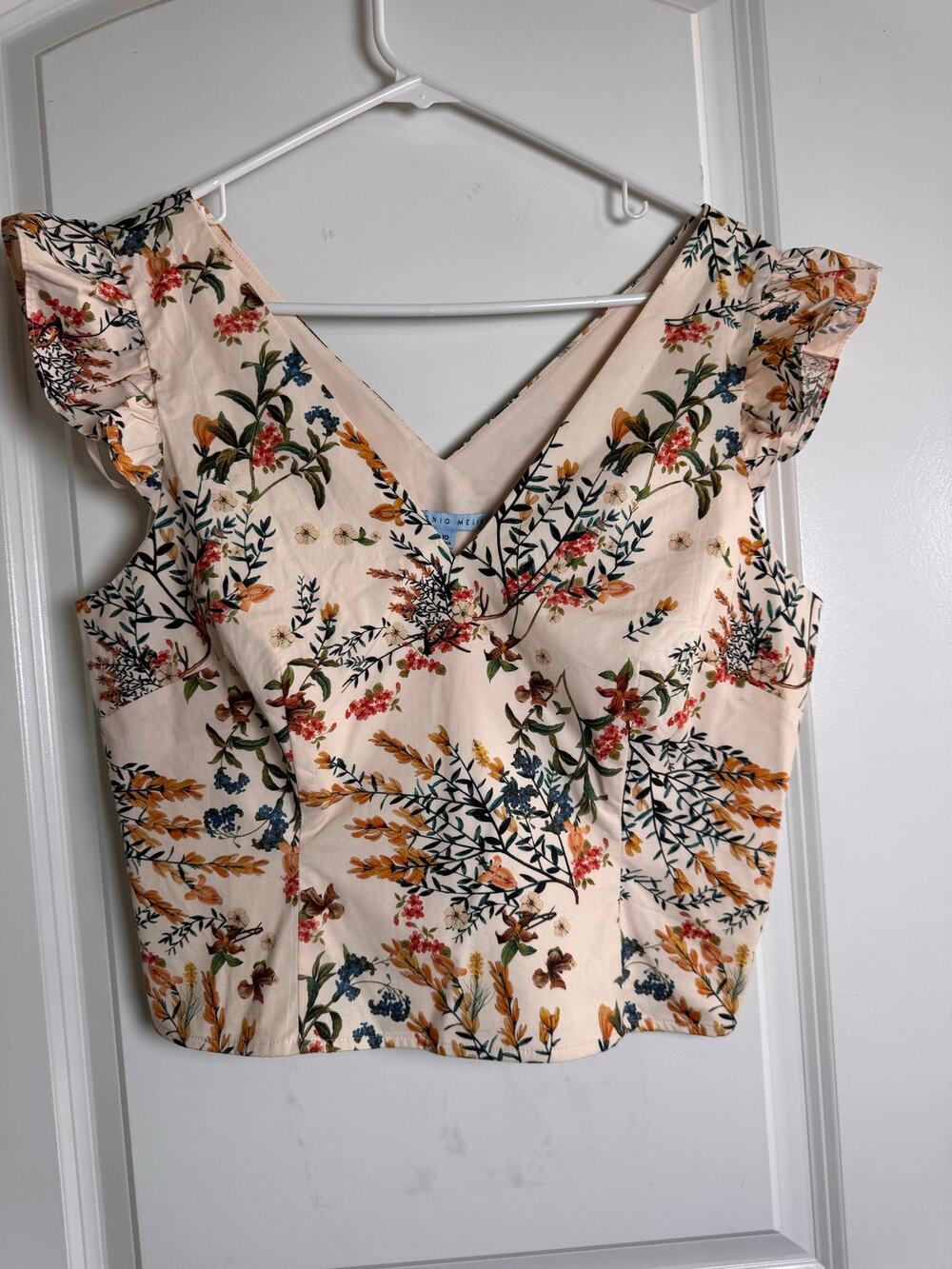 Antonio Melani Floral Ruffle Crop Top Womens 10 Cream Botanical Cottagecore